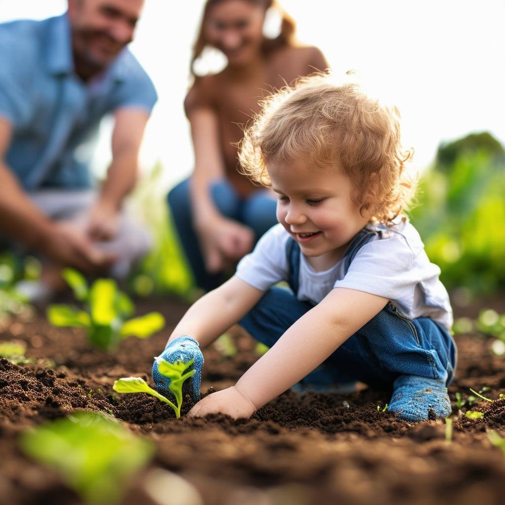 a child planting a seed in a garden, with adults in the background smiling